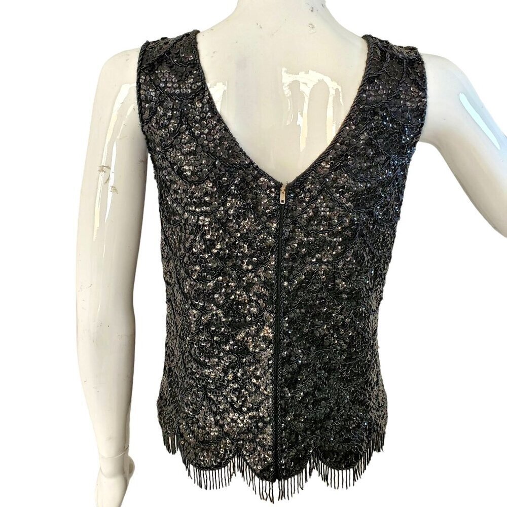 60s Heavily Sequined Beaded Black Wool Tank Top Womens Size S Fringed Scalloped